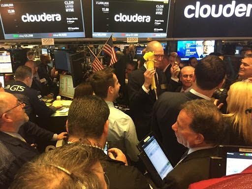 Doug Cutting, chief architect at Cloudera, appears at the New York Stock Exchange on Friday to celebrate the Palo Alto-based software company's initial public offering. (Courtesy of Cloudera)
