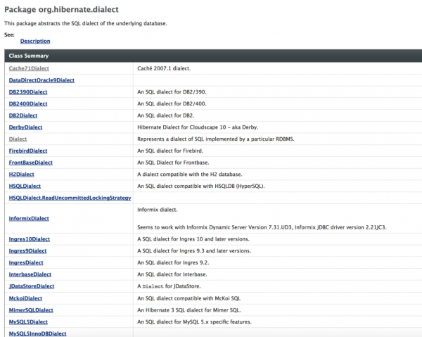 출처 : https://docs.jboss.org/hibernate/orm/3.5/api/org/hibernate/dialect/package-summary.html