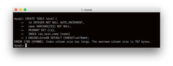 mysql에서 Index column size too large. 에러 메시지에 대한 처리