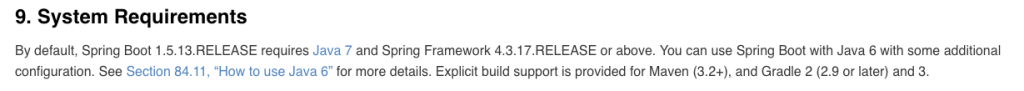 스프링 부트 1.5 System Requirements 출처 : https://docs.spring.io/spring-boot/docs/1.5.13.RELEASE/reference/htmlsingle/#getting-started-system-requirements