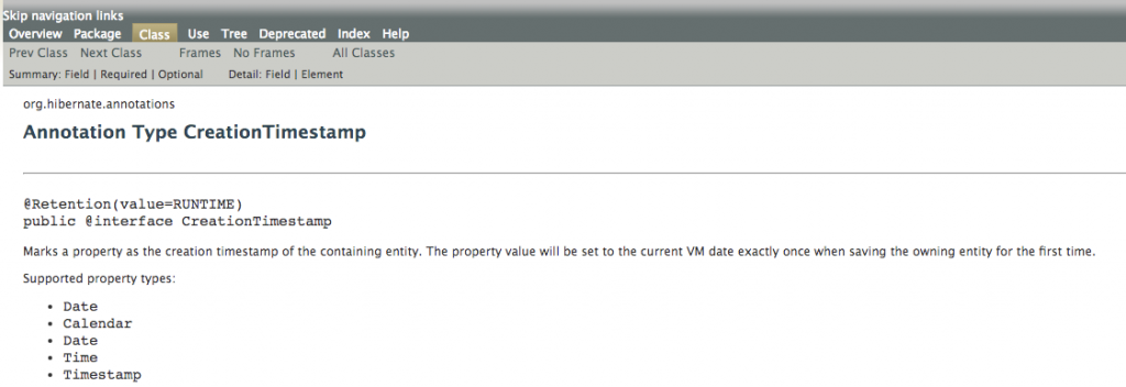 출처 : https://docs.jboss.org/hibernate/orm/5.1/javadocs/org/hibernate/annotations/CreationTimestamp.html