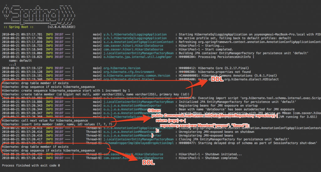 그림. spring.jpa.properties.hibernate.show_sql=true 설정 후 애플리케이션 로그