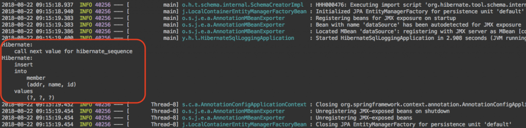 그림. spring.jpa.properties.hibernate.format_sql=true 설정 후 애플리케이션 로그