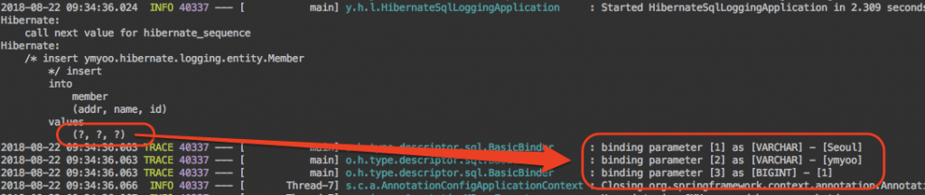그림. logging.level.org.hibernate.type.descriptor.sql=trace 설정 후 애플리케이션 로그